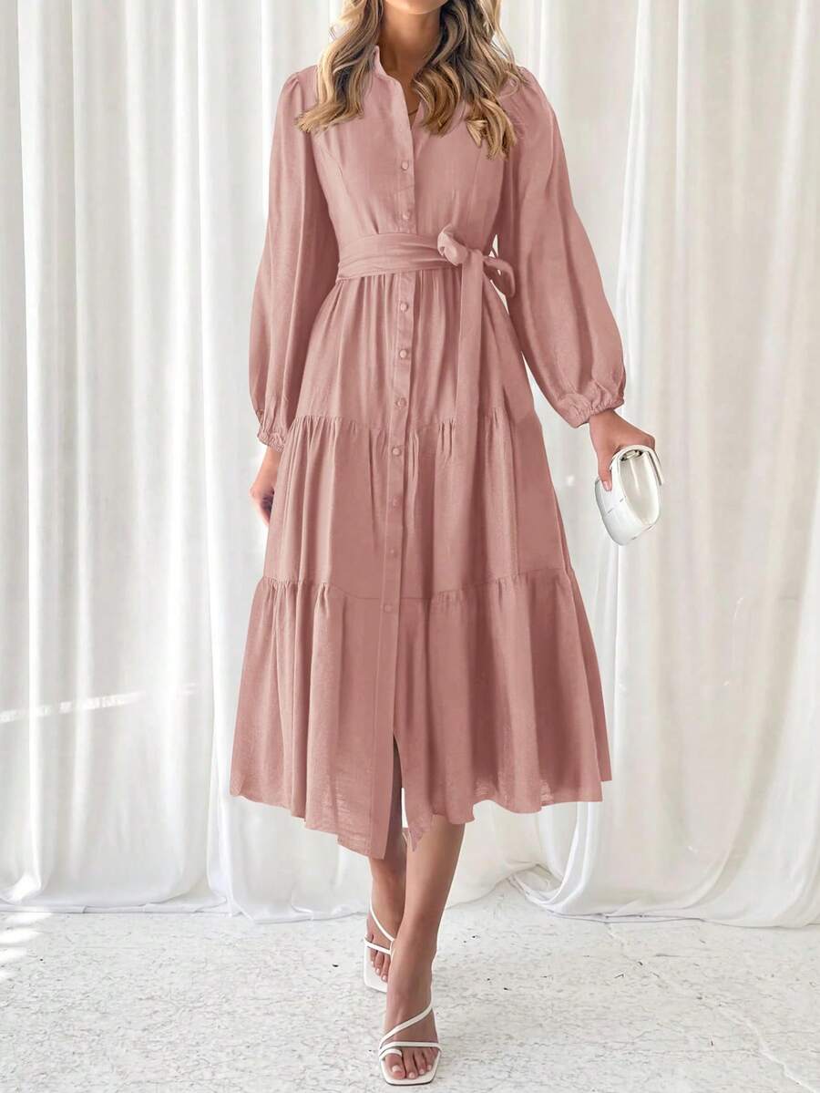 Women's Dresses Long Sleeve Dresses Casual V Neck Tie Button Down Flutter Tie Waist Shirt Dresses - Hồng - Xem 1