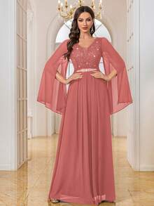 MIUSOL Vestido largo formal de fiesta con cuello en V profundo de gasa, mangas largas, volantes en el bajo y detalles de encaje y lentejuelas contrastantes