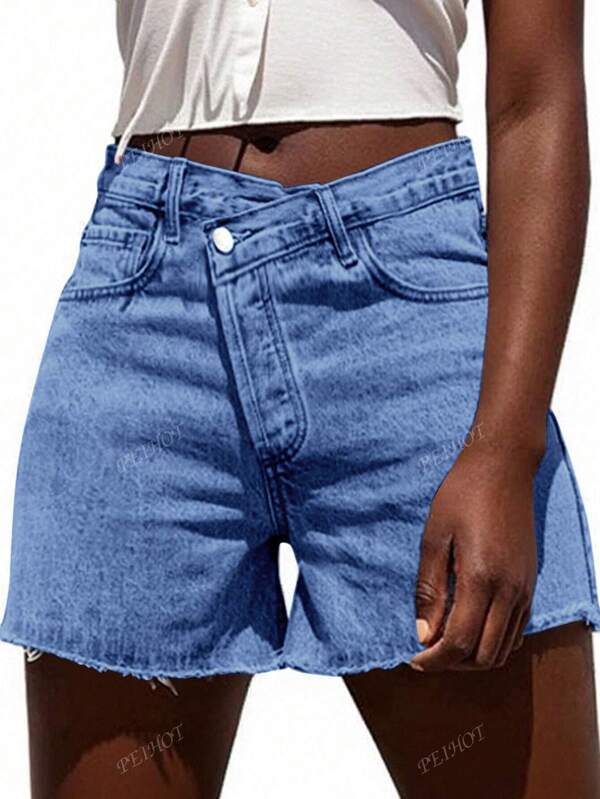 Women Crossover Stretch High Waisted Denim Shorts Curvy Casual Summer
