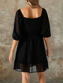 Vestido corto dama mujer media manga escote cuadrado semi transparente forro elegante femenino moderno versatil comodo sofisticado eventos oficina casual formal fresco - Negro - Ver 2