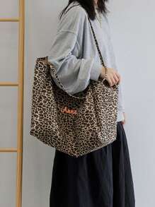 1pc Personalized Women Leopard Print Canvas Shoulder Bag, Fashion Versatile Handbag Tote Bag For Work Commute, Embroidered Custom Name Underarm Bag, Large Capacity Lightweight Storage Bag, Portable Tote For School, Suitable For Daily Use, Shopping, Party, Great Gift For Family, Friends, Lover, For Christmas, Spring Festival, Mother's Day, Women's Day, Valentine's Day, Teacher's Day, Nurse's Day, Thanksgiving, Independence Day, Birthday