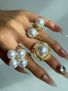 Conjunto de 3 anéis elegantes, vintage, brilhantes, exclusivos, de luxo, com pérolas douradas, versáteis para o dia a dia, festas, deslocamentos, feriados, joias finas para mulheres