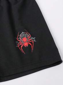 Set de 2 piezas de camiseta de manga corta con cuello redondo suave y estampado de araña, y pantalones cortos informales y lindos para niño, para el verano