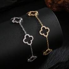1pc Lucky 18K Gold Plated Hollow Clover Bracelets For Women Golden-Tone Cubic Zirconia Paved Stainless Steel Chains Copper Band Bangle For Party And Daily Wear