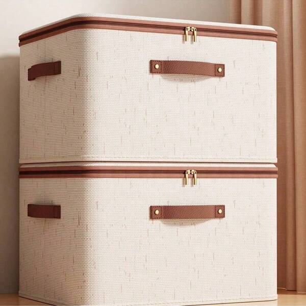 Packs Storage Bins With Zipper Lid Fabric Lidded Storage Baskets Boxes Foldable Washable Closet Shelf Clothes Organizer Container With Handles (Beige),Cotton And Linen Zipper Storage Box With Lid - Minimalist Style, Hand Washable, Foldable Underbed Clothing Storage Box