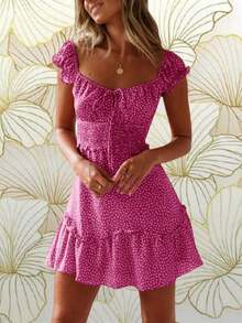 Women's Fashionable Ruffle Sleeve Mini Dress With Sweetheart Neckline And Summer Print - 玫紅色 - 查看 1