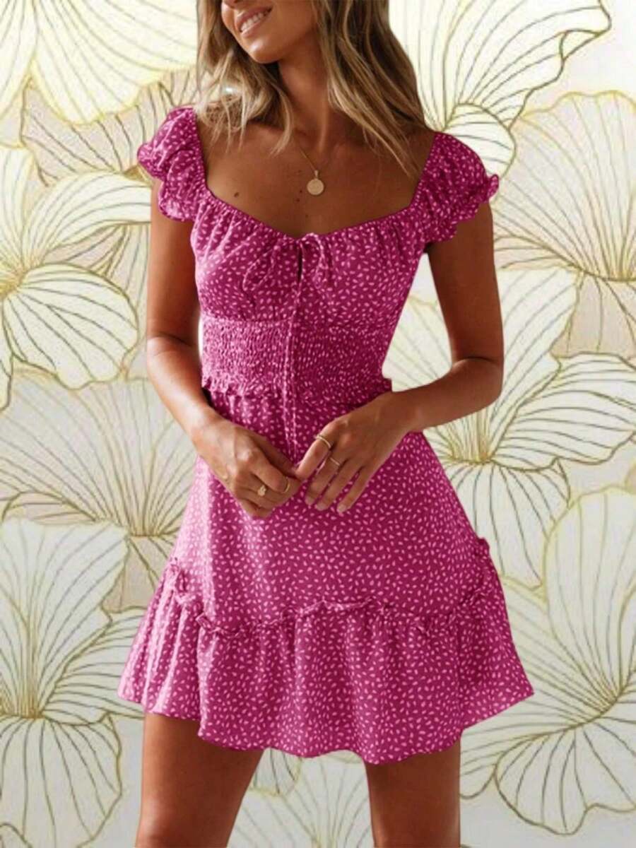 Women's Fashionable Ruffle Sleeve Mini Dress With Sweetheart Neckline And Summer Print - 玫紅色 - 查看 1