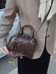 女士复古保龄球包，PU皮革材质，简约纯色手提包，多功能单肩斜挎包，适合工作、通勤、约会、聚会等场合，棕色