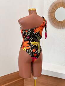 Women's Printed Macaw Bodysuit Summer  One-Shoulder Top With Single Strap - Pink Toucan Collor - View 2