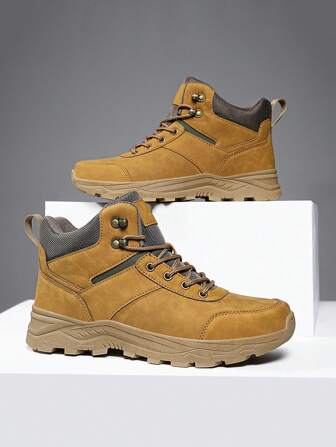 男士登山靴，秋冬户外运动保暖高帮鞋，PU皮革防水雪地靴，徒步靴，户外露营探险徒步靴，防滑耐用，黑/黄大码系带男靴，尺码39-48