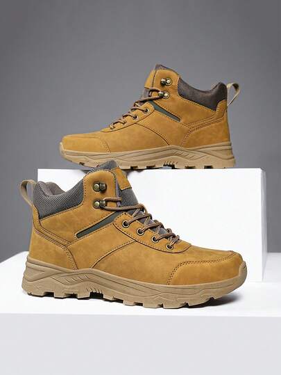 Men's Hiking Boots, Outdoor Sports Shoes For Autumn/Winter, Warm High-Top Men's Snow Boots, Trekking Boots, Outdoor Hiking Camping Adventure Boots, Anti-Slip & Durable, Yellow Lace-Up Men's Boots, Big Size Men's Shoes 39-48