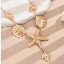 A Summer Beach Exaggerated Style Octopus Dripping Oil Starfish Shell Snail Cross Multi-Layer Diamond Pendant Necklace