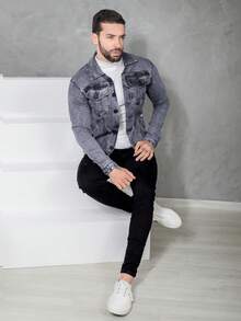 Men's High Quality Winter Premium Denim Jacket - Marbled Black - View 1