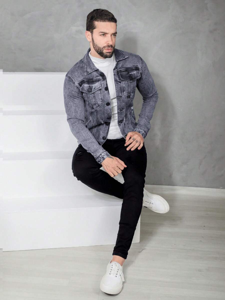 Men's High Quality Winter Premium Denim Jacket - Marbled Black - View 1