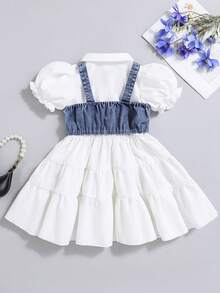 女童夏季泡泡袖拼接下摆连衣裙 + 牛仔吊带开衫套装，时尚百搭返校套装 - 白色 - 查看 2