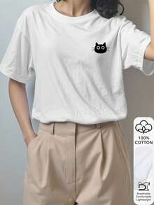 猫咪图案印花夏季女式100%纯棉短袖白色上衣，图案T恤，纯棉T恤，中国新年，农历新年，马年，春节，新年快乐，情人节，情人节礼物，送给她的情人节礼物