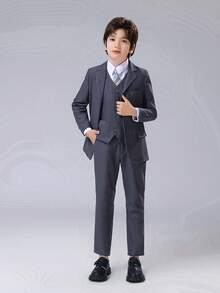 Boys Suits Stripe 3-Pieces Suit Set Toddler Tuxedos Dresswear Ring Bearer Outfit Wedding Blazer Vest Pants Formal Suits For Kids Grey Size 6-14Y