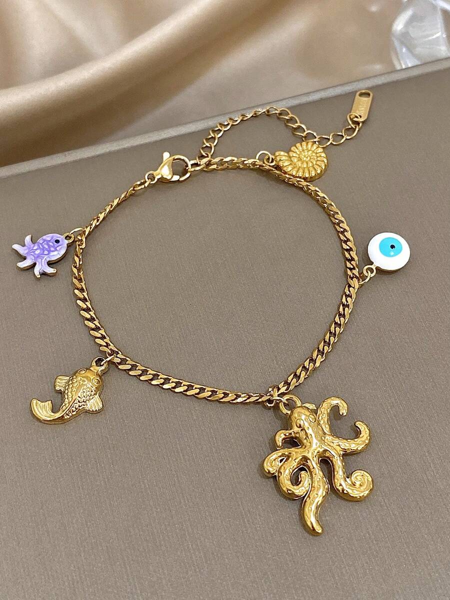 1Pc 18K Gold Plated Bohemia Ocean Octopus, Fish, Shell & Evil Eye Charms Bracelet For Women Girls, Fade-Resistant Stainless Steel Jewelry, Mom Gift, Teacher Gift, Summer Travel Beach Jewelry, Rave/Prom/Party/Daily Accessories, Back To School Gift, Birthday Gift, Pride Accessories