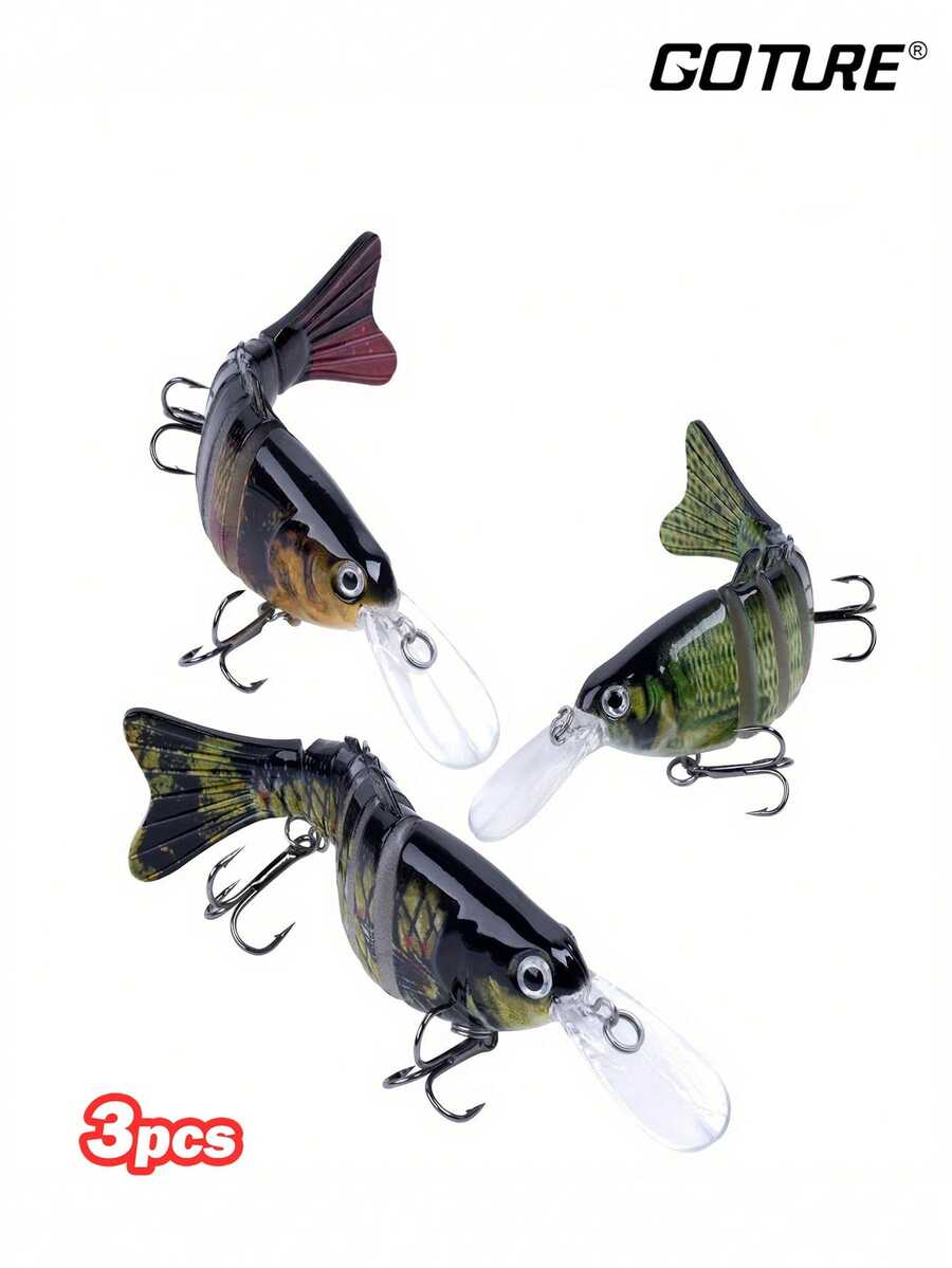 GOTURE 3pcs Sea Bass Bait Sliding Bait, Sea Bass Fishing Combined Bait, Slow Sinking Swimming Bait, Freshwater And Saltwater Upper Layer Bait, Segmented Swimming Bait, Realistic Bait Kit - 彩色 - 查看 1