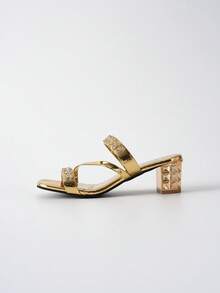 Women's Square Toe Slipper Sandals, Rhinestone Chunky Heel, Casual And Stylish, Available In Eu Sizes 35 To 42 Winter Gifts - Gold - View 6