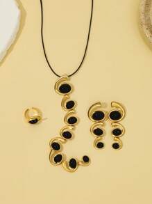 3pcs Set Fashionable Geometric Asymmetrical Spiral Shape Smooth Metal Embedded Black Oval Acrylic Exaggerated Extra Long Pendant Necklace, Metal Necklace, Earrings Set, Personalized Jewelry Set, Black Cord Y-Shaped Necklace, Pendant Necklace, Party Festival Jewelry Set, Dress Matching Jewelry Set
