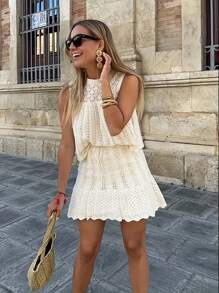 Women Holiday Knit Dress Set - Sleeveless Hollow Lace Top And A-Line Mini Skirt, Semi-Sheer, Perfect For Casual Outing