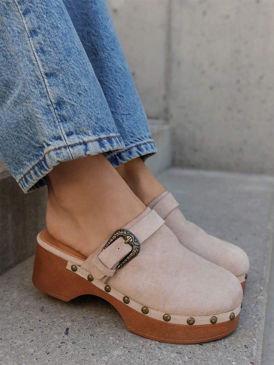 Sabots femme à plateforme et boucle-Mules à talons avec rivets décoratifs - 米色 - 查看 1