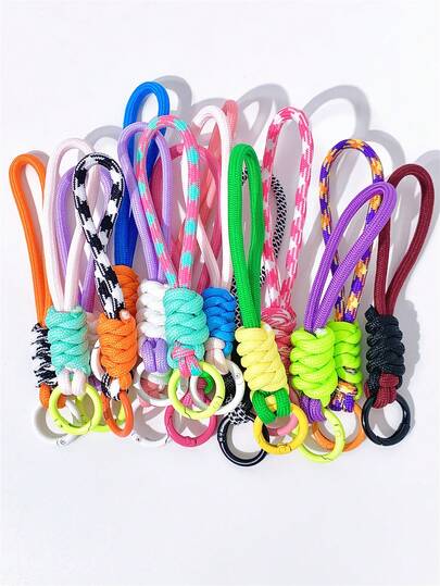 彩色手工编织钥匙扣、背包装饰、防丢钥匙扣、手机配件、涤纶短带吊坠、手机壳钥匙扣