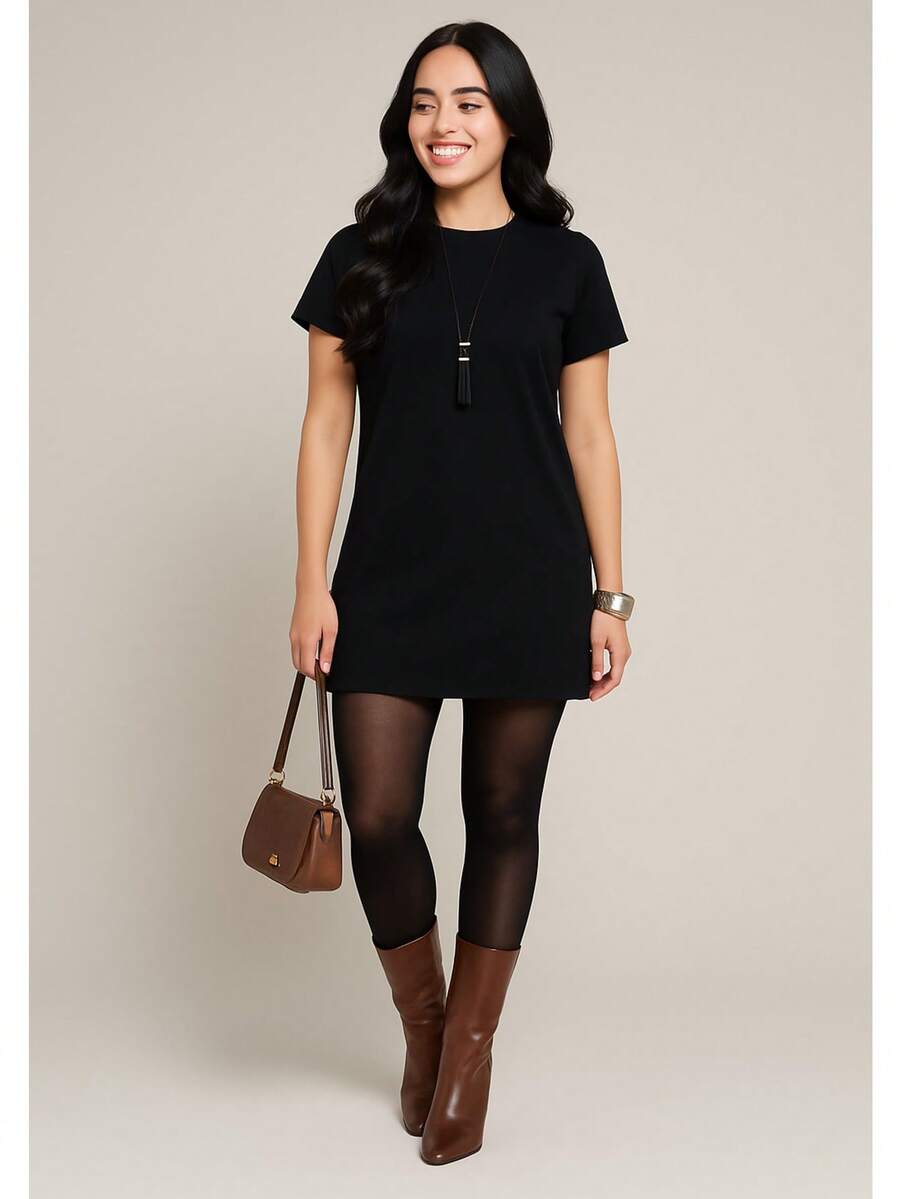 Short Oversized Dress Cotton Mesh Fabric Simple Casual Elegant Conservative/Modest Knitted Fabric Asymmetrical Split Beach Evening Party Home Birthday Party Street Travel Autumn - 黑色 - 查看 1