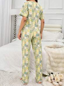 Pijama de mujer de algodón puro con estampado de cuadros de oso y corazón para San Valentín, camiseta con pantalón, ropa de casa, pijamas de mujer - Verde - Ver 2