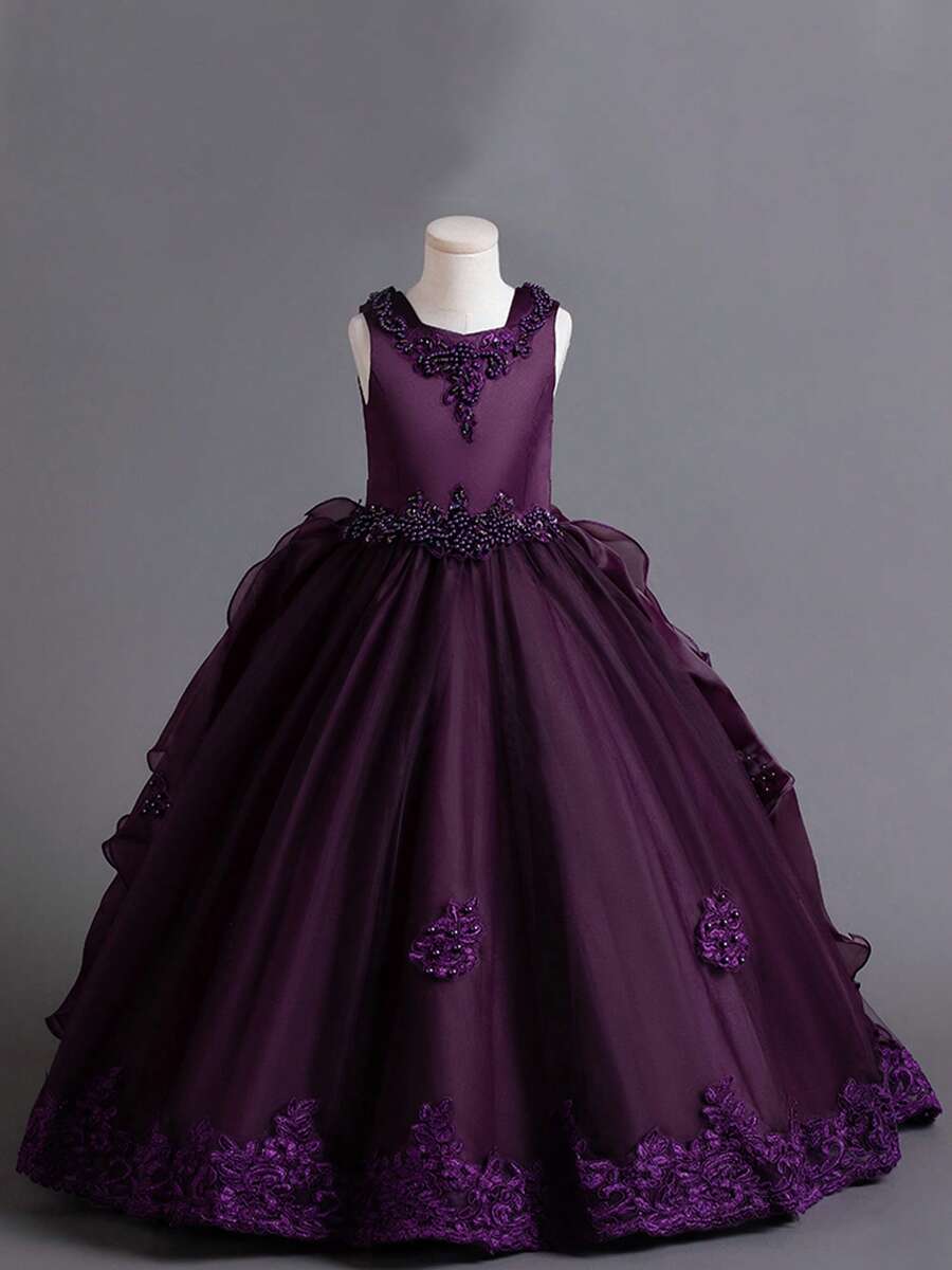 Flower Girl Dress Princess Puffy Tulle Dresses Bridesmaid Wedding Birthday Party Pageant Maxi Prom Gown For Kids - 紫色 - 查看 1