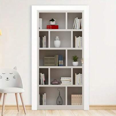1 套/2 件现代书架图案门贴，可移除防水墙贴，自粘墙纸，PVC 装饰贴纸，家居装饰可拆卸墙壁艺术，78.74 英寸 * 15.16 英寸 * 2 件