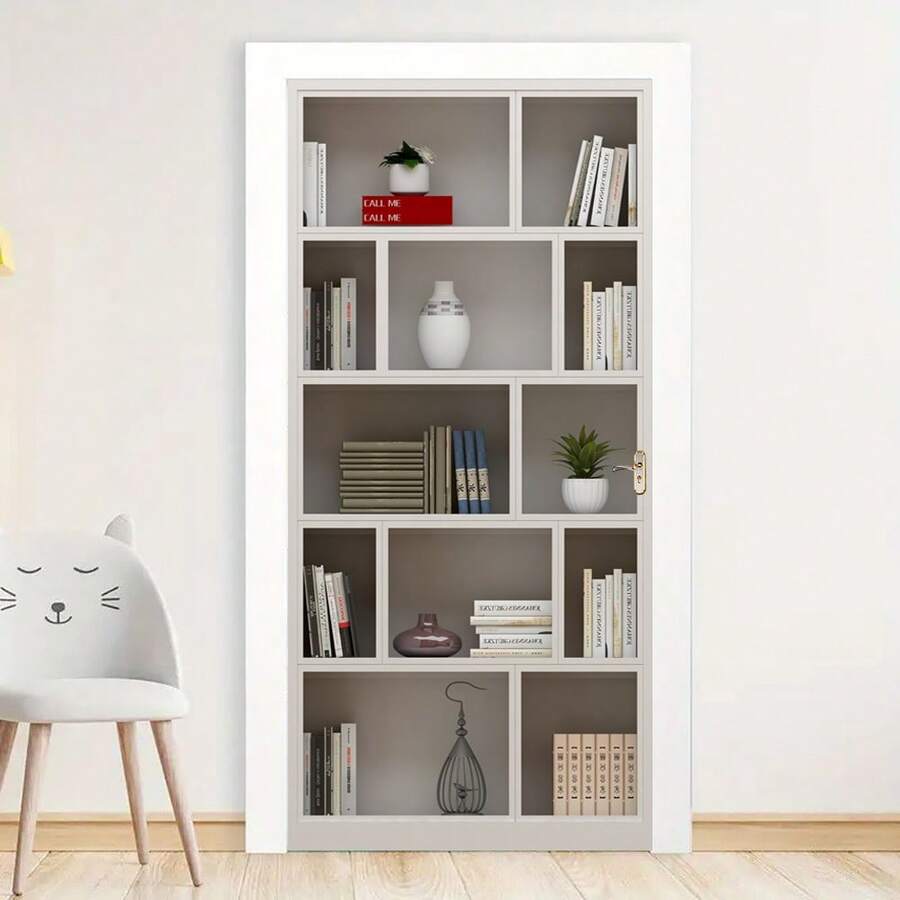 1set/2pcs Modern Bookshelf Pattern Door Stickers, Removable Waterproof Wall Decals, Self-Adhesive Wallpaper, PVC Decorative Stickers, Home Decor Detachable Wall Art, 78.74 Inches * 15.16 Inches * 2 Pieces - Multicolor - View 1