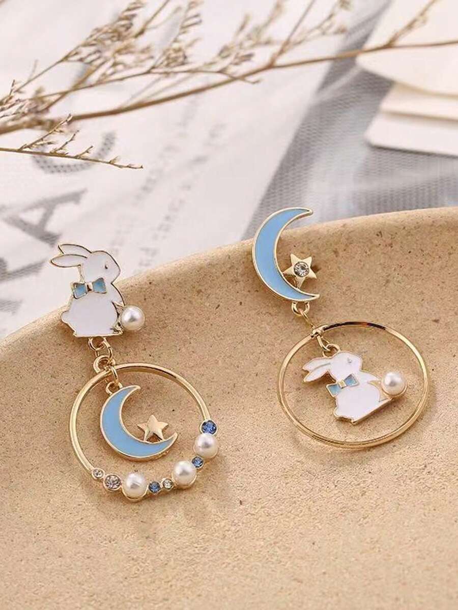 1 par de pendientes con colgante de luna y oreja de conejo, adecuados para uso diario - Multicolor - Ver 1