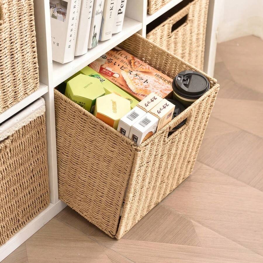 Set Of 2 Wicker Basket, Woven Storage Baskets For Shelves With Handles Foldable Cube Storage Baskets Bins, 9 Inch - Brown - View 1