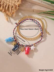 2 Stücke/Set süßes, mehrschichtiges buntes Seil, Keramik Fisch & Seestern, Edelstahl Kette Fußkette Set für Frauen, geeignet für Urlaubsoutfits