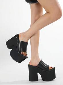 Gdgydh Popular European And American Style Thick-Soled Wedge Heel Sandals For Women Platform Classic Slippers Outdoor Black Platform Sandals Fashion Rivet High Heels Slip On - Black - View 5