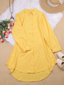 Plus Size Women's Solid Color Long Sleeve Button-Up Shirt - Yellow - View 3