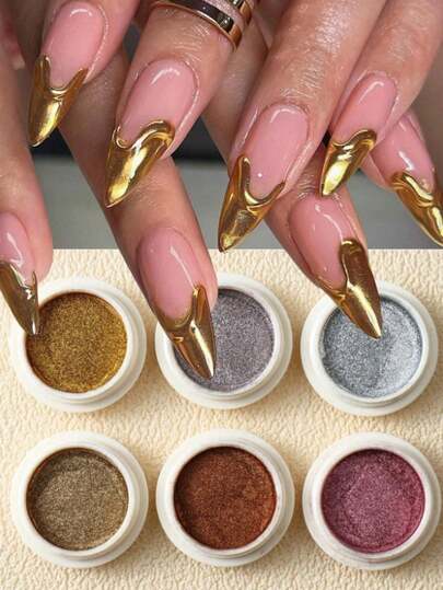 6 piezas de polvo de uñas cromado dorado plateado, pigmento espejo metálico, purpurina de arte de uñas, decoraciones de polvo