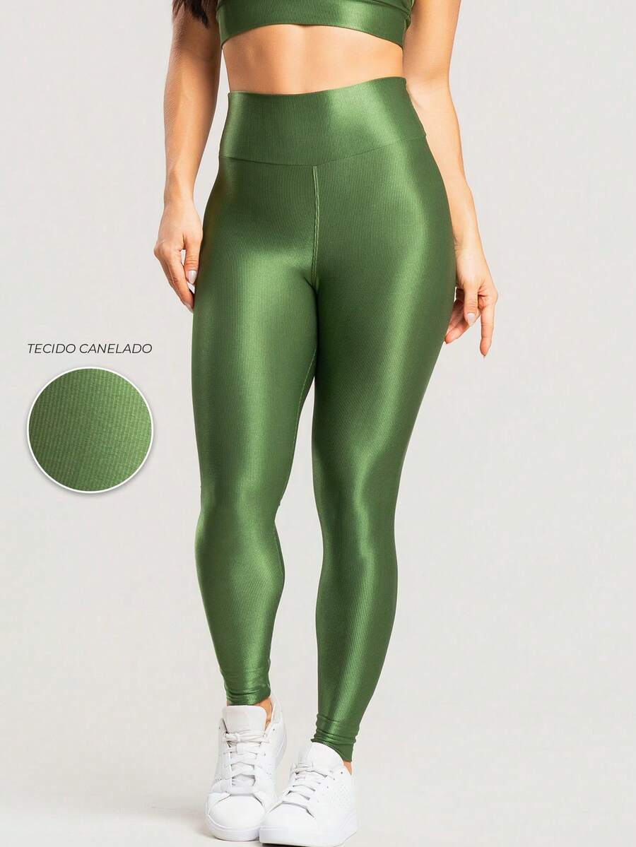 Women's Ribbed High Waist Shiny Premium Workout Fitness Leggings - Hijau - View 1