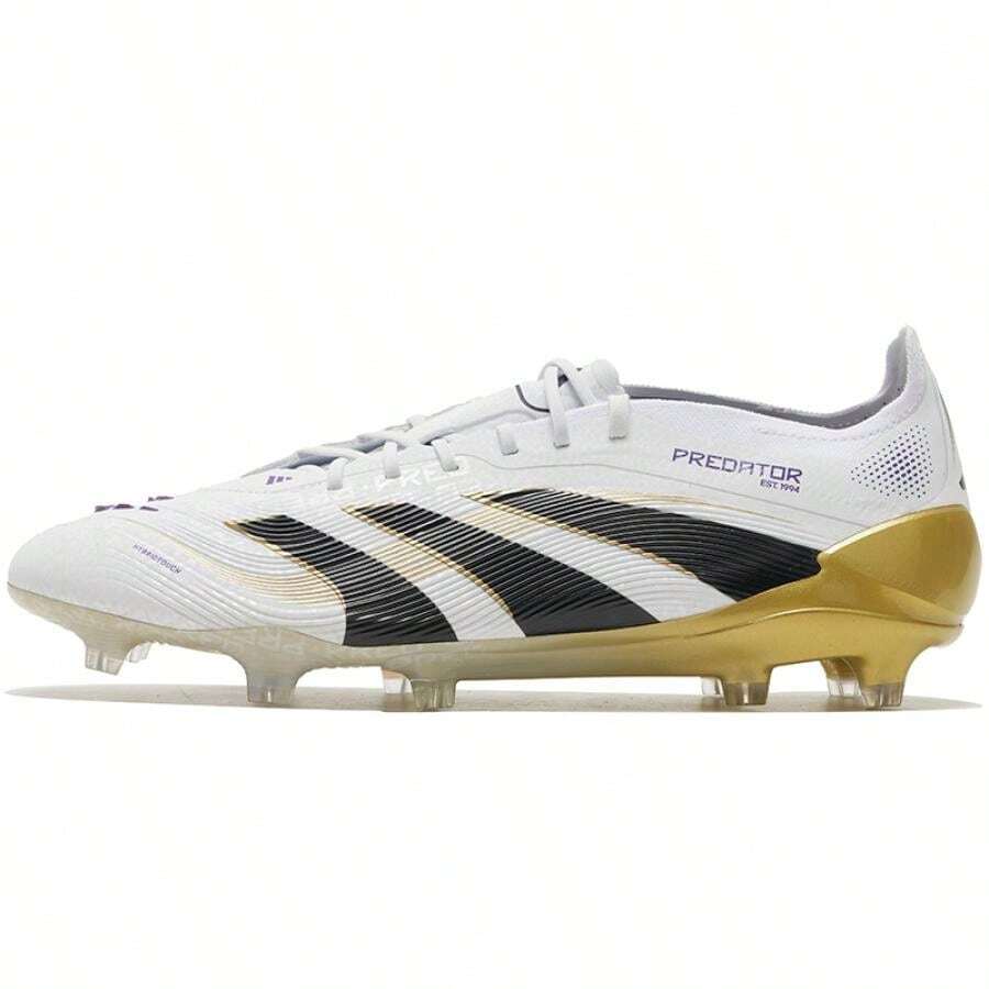 Adidas Tacos de fútbol PREDATOR ELITE FG, zapatos con tacos FG para hombres y mujeres, zapatillas para partidos y entrenamientos JI1086 - Blanco/Negro/Dorado - Ver 1