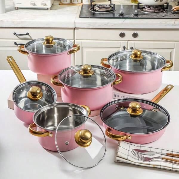 Stainless Steel Pots And Pans Set, 12 Pieces Kitchen Cookware Set, Cooking Set With Stay-Cool Handles, Dishwasher Safe,Works With Induction/Electric And Gas Cooktops (Advanced Gold)