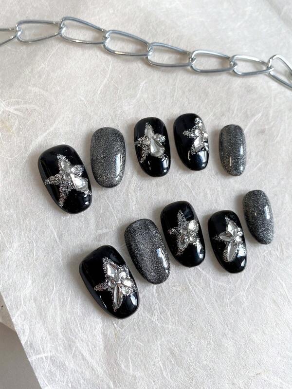 Ten Medium-Long Oval-Shaped Handmade Press-On Nail Tips (Which Can Be Pressed And Attached). These Elegant Press-On Nails With A Black Cat-Eye Style, Decorated With Rhinestones, Are Shiny And Glossy, Making The Hands Look Fairer.