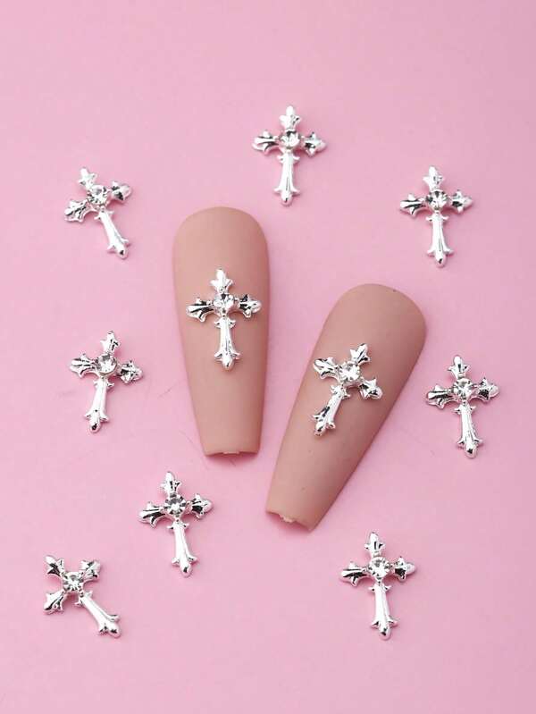 10pcs Cross Nail Charms 3D Alloy Rhinestones For Nail Art, Unscented DIY Nail Decorations, Sparkling Religious Nail Gems For Manicure Accessories