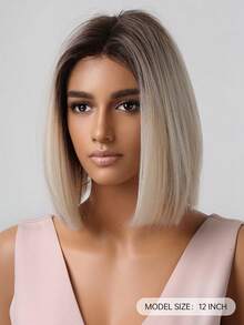 12 Inch Ombre Blonde Bob Wig Shoulder Length Wigs For Women Natural Looking Dark Brown Roots Middle Part Heat Resistant Fibre Synthetic Wig Daily Party Cosplay Use - Blonde Ombre - View 4