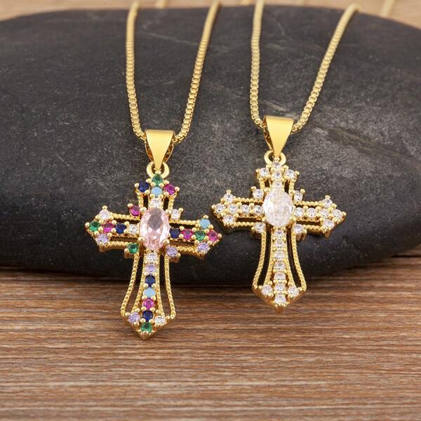 1pc Multicolor Cubic Zirconia 18k Gold Plated Copper Cross Pendant Necklace, Elegant Jewelry Gift For Women, Suitable For Festivals, Parties, Dates