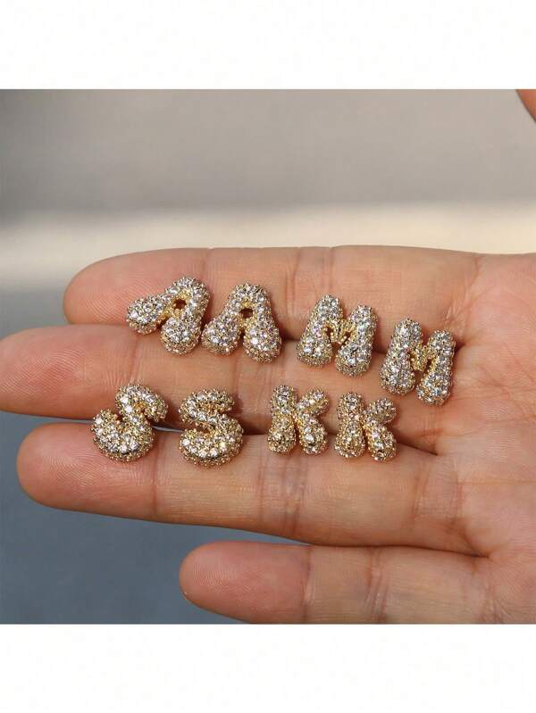 1 Pair 18K Gold Plated Balloon Bubble Cubic Zirconia 26 English Alphabet Stud Earrings, Fashionable Earring Jewelry Gift