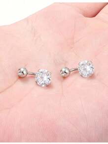 5pcs/Set Of Stainless Steel Short Style Classic Belly Piercing Jewelry Navel Rings For Women, Heart Shaped Flower Shining Exquisite Zirconia Inlay Valentines,Mom's Day Gift