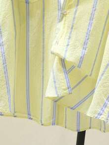 女式休闲条纹优雅纽扣长袖衬衫，春夏 - 黃色 - 查看 3