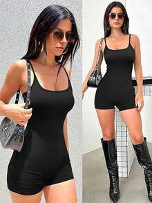 Women Workout Seamless Jumpsuit Yoga Ribbed Bodycon One Piece Spaghetti Strap Shorts Romper ﻿ - Black - View 1
